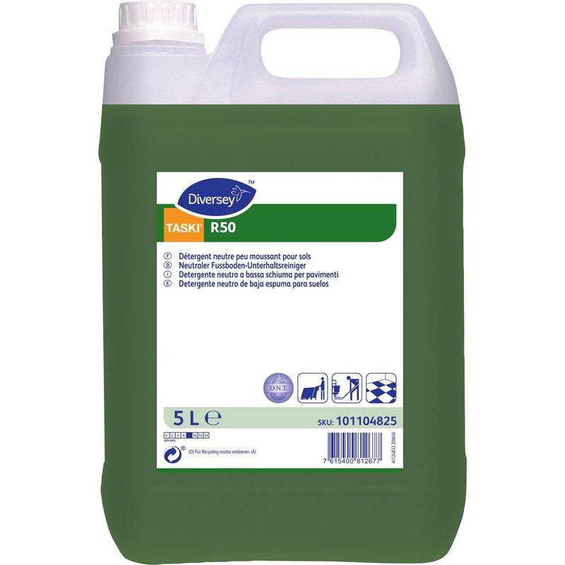 Un contenant de 5 litres en plastique vert avec un couvercle blanc, étiqueté « Diversey TASKI R50, nettoyant pour sols » de Diversey Deutschland GmbH & Co. OHG. Produit de nettoyage de sol neutre, peu moussant, avec étiquette multilingue et code-barres.