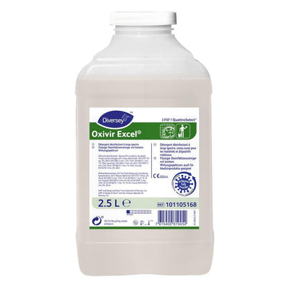 Eine 2,5-Liter-Flasche Oxivir Excel, Konzentrat, Desinfektionsreiniger mit AHP von Diversey Deutschland GmbH & Co. OHG, mit weißem Deckel und grün-weißem Etikett mit Produktinformationen, Anweisungen und Markendetails.