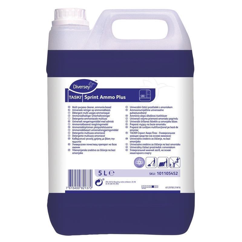 Un bidon de 5 litres de nettoyant d'entretien à base d'ammoniaque TASKI Sprint Ammo Plus de Diversey Deutschland GmbH & Co. OHG présente sur l'étiquette un liquide violet, des détails sur le produit, des instructions d'utilisation et un code-barres.