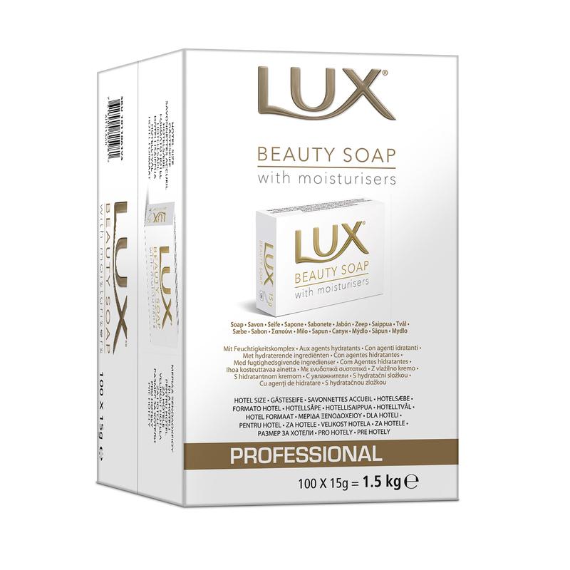 Eine Packung mit 100 Stück LUX Professional Beauty Soap Gästeseife (je 15 g, insgesamt 1,5 kg) von Diversey Deutschland GmbH & Co. OHG, mit der Aufschrift "Professional" für den Hotel- und Gästegebrauch, mit Produktangaben und Bild auf der weißen Schachtel.