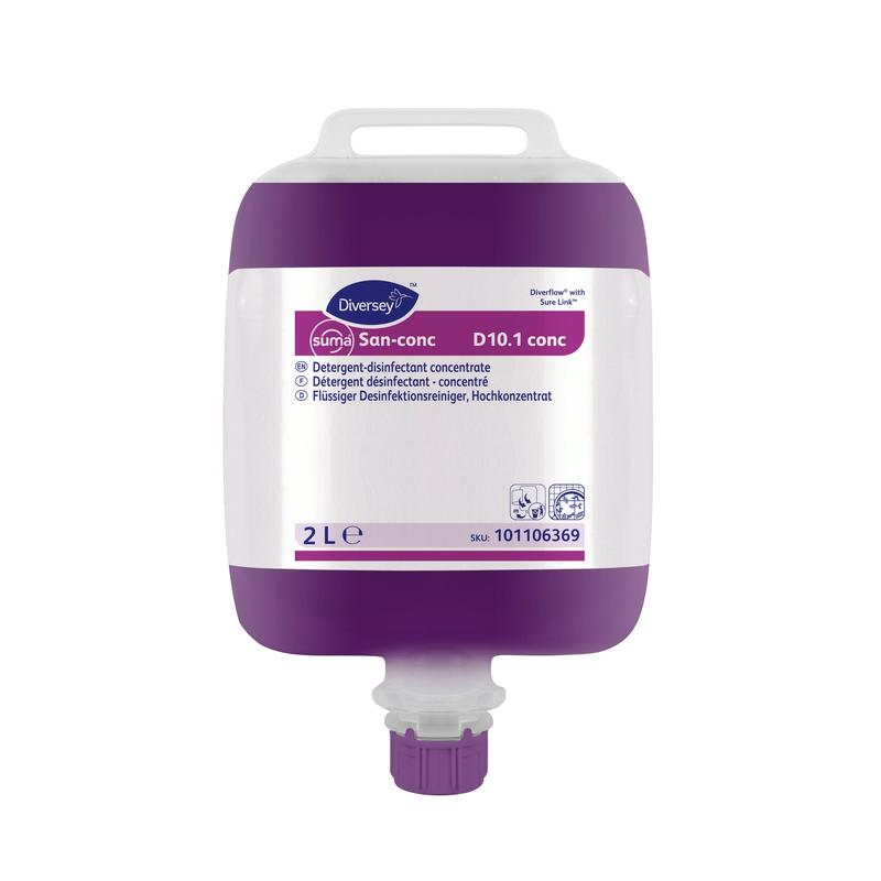 Een 2-liter zak met Suma San-conc D10.1-conc desinfectiemiddel, hooggeconcentreerd, van Diversey Deutschland GmbH & Co. OHG, is voorzien van een handvat, een bodemkraan en een voorste etiket met barcode.