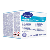 Une boîte de cartouches parfumées Good Sense Fresh pour le système de désodorisation Good Sense (6 pièces) de Diversey Deutschland GmbH & Co. OHG, référence 101106488, 6 x 20 ml, dotées de la technologie O.N.T. pour un parfum frais et d'un étiquetage multilingue.