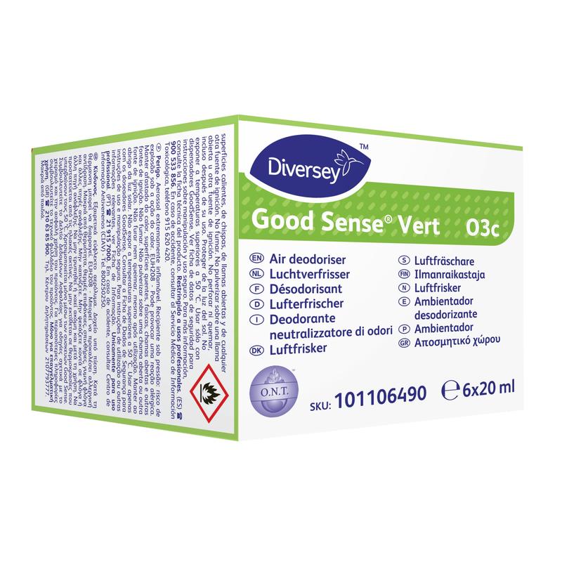 Une boîte de cartouches de parfum Good Sense Vert (6 pièces) pour le système de désodorisant Good Sense de Diversey Deutschland GmbH & Co. OHG, avec des informations multilingues, un symbole de danger et 6 x 20 ml de cartouches par paquet.