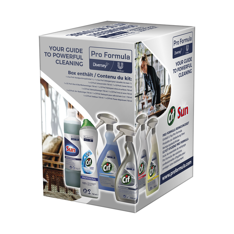 Eine Diversey Pro Formula Reinigungsset (6-teilig) Box mit Abbildungen von Handspülmittel, Fettlöser, Edelstahl-, Bad-, Glas- & Oberflächenreiniger und Scheuermilch. Auf der Verpackung sind Reinigungstipps und eine Person abgebildet, die eine Küchentheke putzt.