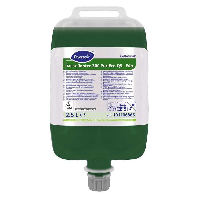 Een 2,5-liter container TASKI Jontec 300 Pur-Eco vloerreiniger hoogconcentraat van Diversey Deutschland GmbH & Co. OHG met Henkel, schenktuit en gelabelde productinformatie; reinigingsoplossing is biologisch afbreekbaar.
