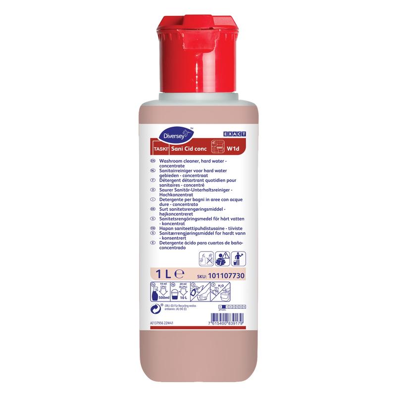 Une bouteille d'un litre de TASKI Sani Cid, un nettoyant sanitaire hautement concentré à l'acide citrique de Diversey Deutschland GmbH & Co. OHG, équipée d'un bouchon rouge et d'une étiquette bleu-blanc avec des détails sur le produit et un mode d'emploi multilingue.