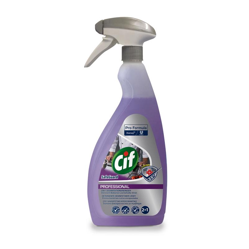 Eine Flasche Cif Professional Safeguard 2in1 Desinfektionsreiniger von Diversey Deutschland GmbH & Co. OHG mit einer Sprühdüse und violetter Flüssigkeit; das Etikett zeigt Details, Logos, Symbole und behauptet, Bakterien und Viren zu entfernen.