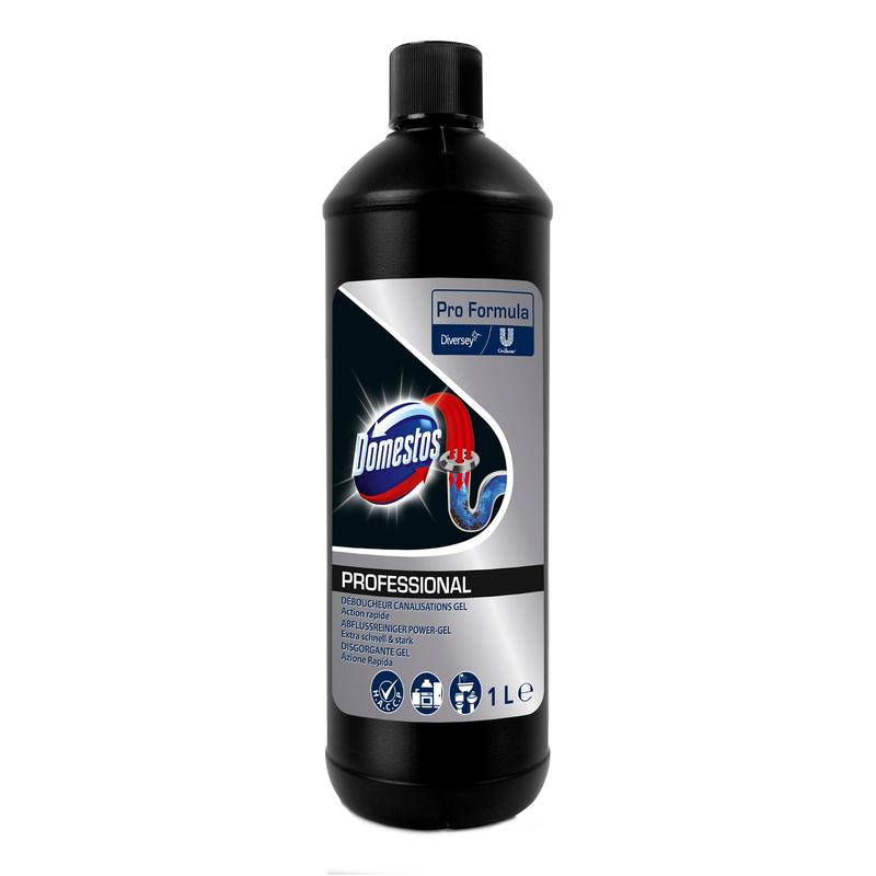 Een zwarte 1-literfles DOMESTOS Professional Afvoerontstopper Power-Gel van Diversey Deutschland GmbH & Co. OHG met blauw-zilveren etiket - ideaal als krachtige afvoerontstopper (roodvrij) voor het effectief verwijderen van verstoppingen.