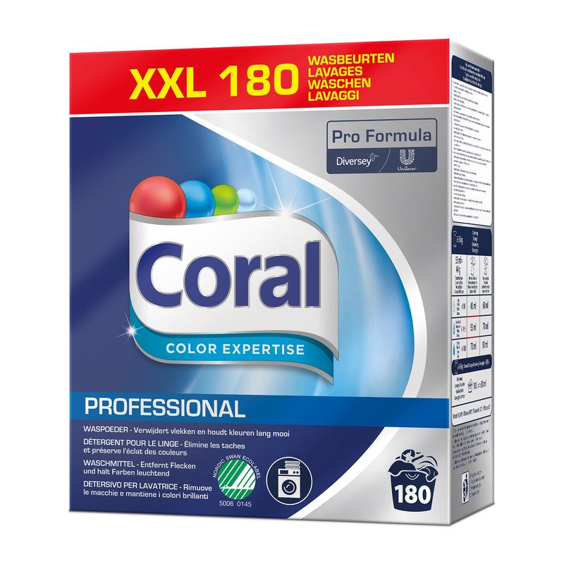 Une boîte de détergent Coral Professional Color Expertise (180 lavages, 8 kg de poudre) de Diversey Deutschland GmbH & Co. OHG avec le branding Pro Formula, design bleu, offrant protection des couleurs et des fibres pour des couleurs éclatantes.