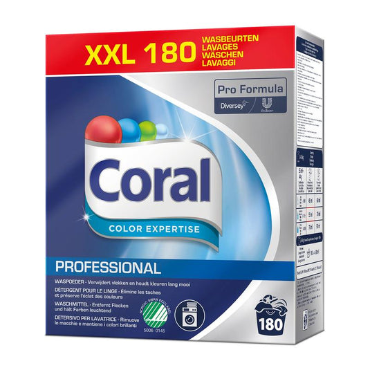Een verpakking Coral Professional Color Expertise wasmiddel (180 wasbeurten, 8 kg poeder) van Diversey Deutschland GmbH & Co. OHG, met Pro Formula-branding en een blauw ontwerp, dat kleur- en vezelbescherming biedt voor stralende kleuren.