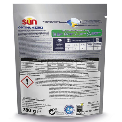 Auf der Rückseite einer Sun Professional Optimum All in One Spülmaschinenkapseln (52 Tabs, 780g) von Diversey finden Sie Informationen zur Verwendung und Sicherheit, eine Dosierungsanleitung, Inhaltsstoffe, Angaben zum Recycling, Produktcodes und Unternehmensinformationen für Ihre Spülmaschine.