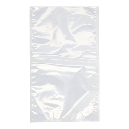 Un PAPSTAR sachet à souder 100, PA/PE transparent, de la PAPSTAR GmbH, est présenté à plat et non scellé sur un fond blanc. Le sac en plastique transparent, idéal pour le stockage des aliments, présente de légers plis et une couture centrale.