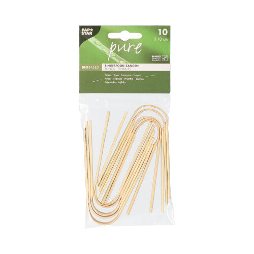 Dans un emballage en plastique transparent se trouvent 10 pinces à fingerfood PAPSTAR en bambou (10 cm), idéales pour les snacks. Sur le dessus se trouve une étiquette verte et blanche avec la marque PAPSTAR GmbH et des informations sur le produit en plusieurs langues - parfait pour les fêtes.