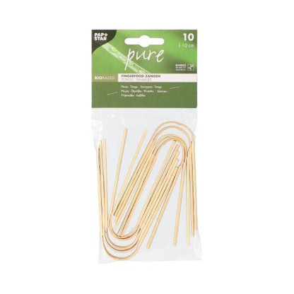 Dans un emballage en plastique transparent se trouvent 10 pinces à fingerfood PAPSTAR en bambou (10 cm), idéales pour les snacks. Sur le dessus se trouve une étiquette verte et blanche avec la marque PAPSTAR GmbH et des informations sur le produit en plusieurs langues - parfait pour les fêtes.