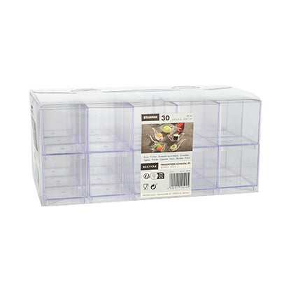 Les bols à fingerfood Starpak 30 sont une boîte en polystyrène (PS) transparente avec dix compartiments carrés, un couvercle rabattable transparent et une étiquette pour 30 pièces. Chaque compartiment contient 55 ml et mesure 4,7 x 4,2 x 4,2 cm.