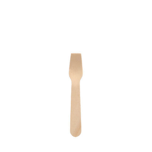 Een kleine PAPSTAR-ijsschep van hout "pure" (9,4 cm) staat in het midden op een witte achtergrond, heeft een platte steel en een korte kop met platte tanden - een milieuvriendelijke, milieubewuste keuze van de PAPSTAR GmbH (100 stuks).