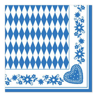 De PAPSTAR Servetten met 1/4-vouw, 40 x 40 cm, blauw, „Bayrisch Blau“ van PAPSTAR De servetten van GmbH hebben een blauw-wit ruitpatroon in het midden met een blauwe rand van bloemen en hartjes – ideale Beierse servetten voor het Oktoberfest (50 stuks).