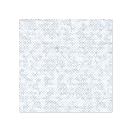 Eine quadratische weiße Serviette im Format 25 x 25 cm aus der ROYAL Collection der PAPSTAR GmbH mit dezentem hellblauem Blumen- und Blätterdruck; verkauft als „PAPSTAR 20 Servietten 'ROYAL Collection' 1/4-Falz“. Auf schlichtem weißem Hintergrund.
