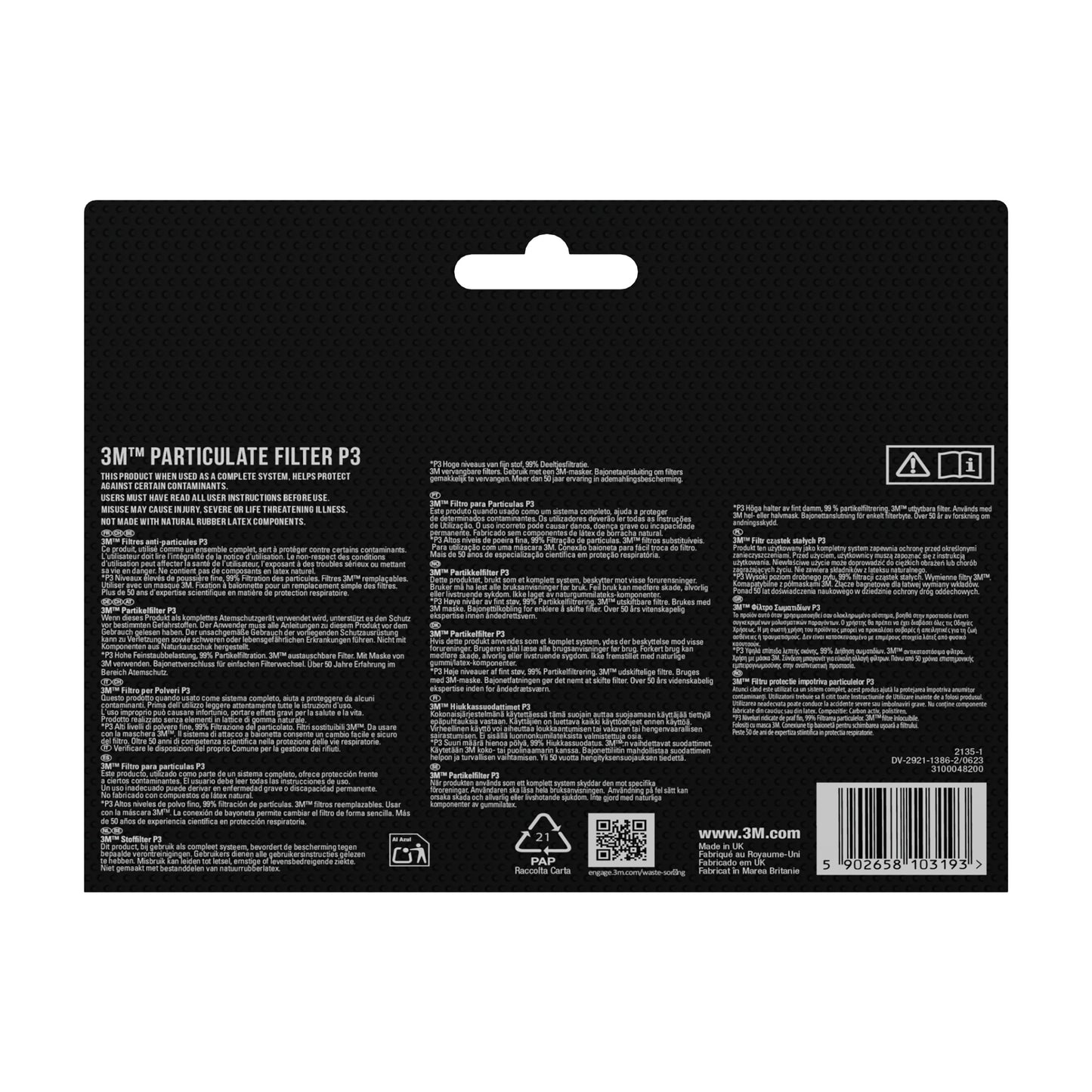 Rückansicht der 3M™ Cool Flow™ Partikelmaske 9928 für Schweißarbeiten (1 Stück) von 3M Deutschland GmbH - zeigt Informationen, Anweisungen, Warnhinweise, Barcodes und Herstellerangaben in mehreren Sprachen auf schwarzem Hintergrund.