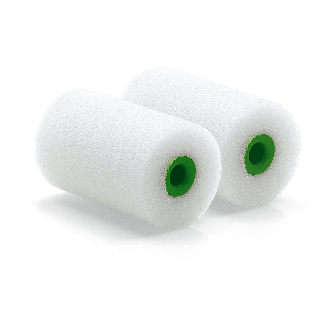 Le rouleau à peinture superfin Nölle Profi Brush (5,5 cm) de Nölle Profi Brush Bürsten- & Pinseltechnik e.K. est conçu pour des travaux de peinture précis et offre des surfaces lisses et superfines - ici en blanc avec un noyau vert, côte à côte sur fond blanc.