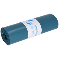Un sac poubelle bleu DEISS enroulé (70 l, 575 × 1 000 × 0,06 mm, LDPE recyclé) de la société EMIL DEISS KG (GmbH + Co.) est muni d'une étiquette blanche portant un logo qui, sur un fond uni, met en avant sa facilité de recyclage.