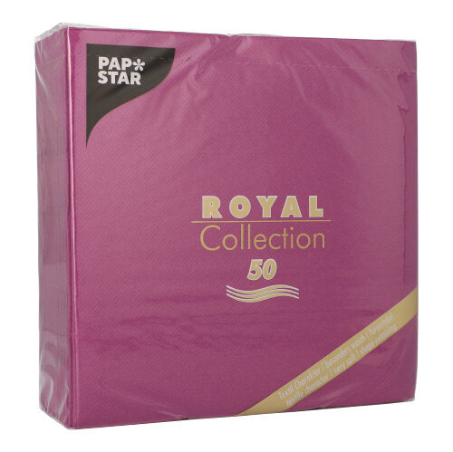 Een verpakking met 50 PAPSTAR servetten "ROYAL Collection" 1/4-vouw 40 x 40 cm in paars van PAPSTAR GmbH. De verpakking heeft gouden en witte letters en een driehoekig zwart etiket in de linkerbovenhoek.