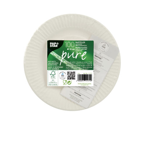 Een ronde witte PAPSTAR 100 borden, karton "pure" rond van PAPSTAR GmbH met een groen-wit-zwart middenlabel, FSC-gecertificeerd, 18 cm diameter en bevat 100 duurzame kartonnen borden.