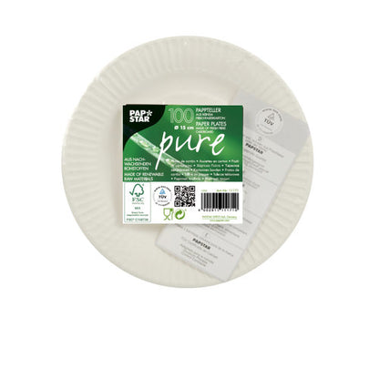 Een ronde witte PAPSTAR 100 borden, karton "pure" rond van PAPSTAR GmbH met een groen-wit-zwart middenlabel, FSC-gecertificeerd, 18 cm diameter en bevat 100 duurzame kartonnen borden.