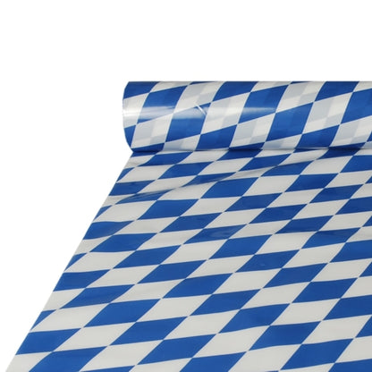 Een Starpak-tafelzeil (1 rol), 20 m x 1 m, heeft een glanzend Beiers blauw-wit ruitpatroon, geïnspireerd door de Beierse vlag en ideaal voor feestelijke gelegenheden.