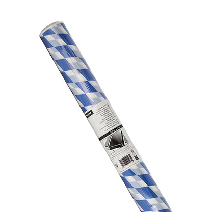 Een rol Starpak tafelzeil, folie 20 m x 1 m 'Beiers Blauw' met blauw-wit ruitpatroon; schuin afgebeeld, het etiket is onderaan zichtbaar. Merk: Starpak.