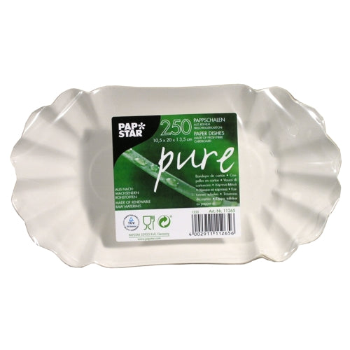 Est représenté un bol en papier blanc ovale avec des bords ondulés. Sur l'étiquette verte, il est écrit "PAPSTAR pure" et l'indication que ces 250 bols compostables, certifiés FSC, écologiques (de PAPSTAR GmbH) sont fabriqués en carton durable.