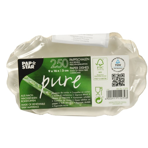 Un paquet de 250 PAPSTAR bols, carton "pure" ovale blanc de PAPSTAR GmbH - fabriqué en carton de fibres fraîches et en matériau durable certifié FSC, dimensions 9 x 16 x 3 cm.