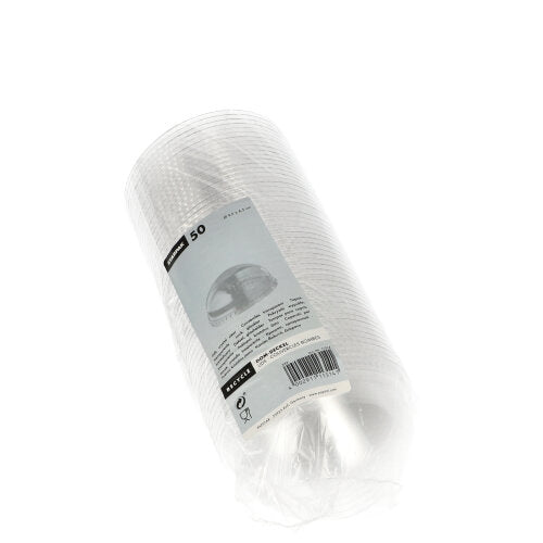 Een verzegelde plastic verpakking bevat 50 ronde, doorzichtige Starpak „Hurricane“ PET-deksels (zonder gat), Ø 9,5 cm x 4,5 cm, met een wit-grijs etiket met productdetails.