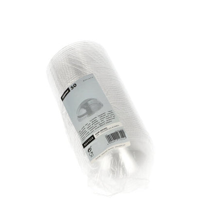 Een verzegelde plastic verpakking bevat 50 ronde, doorzichtige Starpak „Hurricane“ PET-deksels (zonder gat), Ø 9,5 cm x 4,5 cm, met een wit-grijs etiket met productdetails.