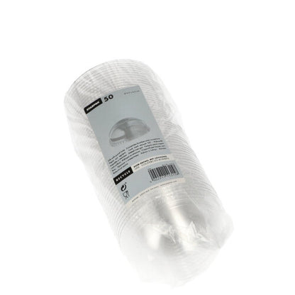 Een verpakking met 50 Starpak Dom-deksel „Hurricane“ PET-deksels (helder, rond, Ø 9,5 cm, zonder gat) wordt geleverd in een transparante verpakking met een wit-grijs etiket waarop productinformatie, barcode en het merk Starpak voor een veilige afsluiting worden weergegeven.