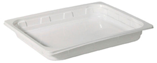 Die Duni GmbH PP Schale 1/2 GN Weiß PP 325x265 ist ein rechteckiges, flaches, weißes Tablett mit hochgezogenen Rändern und flachem Boden, das sich für den Einsatz in der Gastronomie eignet und auf einem einfarbig weißen Hintergrund abgebildet ist.