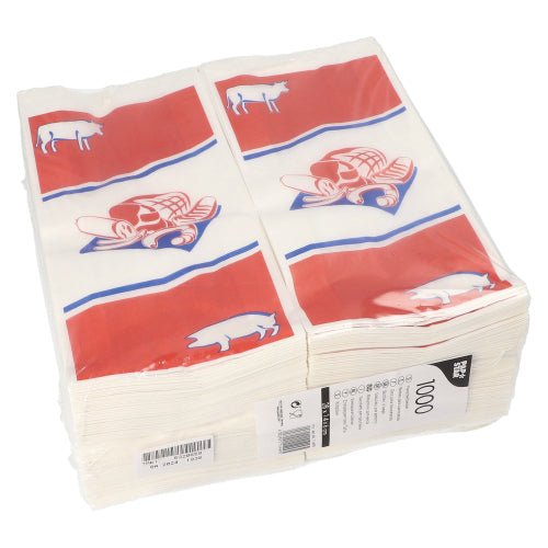 Een verpakking van 1.000 PAPSTAR GmbH slagerszakken van kraftpapier (28x14x6 cm), wit met opdruk, gebundeld en geseald - ideaal als slagerijzak.