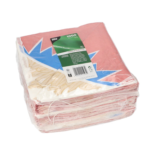 Dans un emballage plastique scellé de PAPSTAR GmbH se trouvent 1 000 cornets de frites « Zick-Zack » en substitut de parchemin avec un design coloré et une étiquette verte sur le dessus.