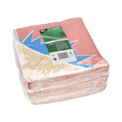 Dans un emballage plastique scellé de PAPSTAR GmbH se trouvent 1 000 cornets de frites « Zick-Zack » en substitut de parchemin avec un design coloré et une étiquette verte sur le dessus.