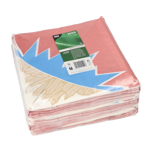 Une pile de 1000 cornets de frites rouge-bleu-blanc en forme de zigzag (substitut de parchemin) est emballée dans un film transparent et étiquetée avec une étiquette verte de PAPSTAR GmbH.