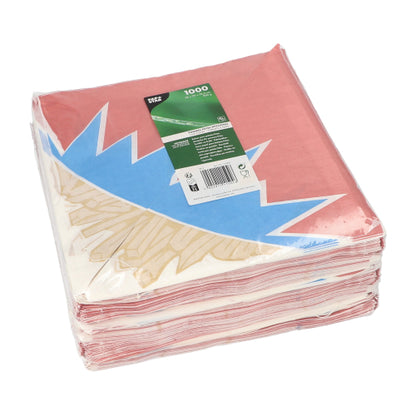 Une pile de 1000 cornets de frites rouge-bleu-blanc en forme de zigzag (substitut de parchemin) est emballée dans un film transparent et étiquetée avec une étiquette verte de PAPSTAR GmbH.