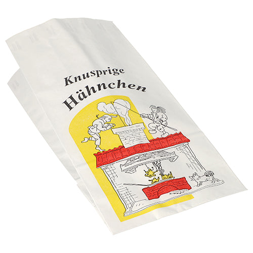 Le sac de poulet Starpak 100 de Starpak est un sac en papier blanc écologique avec une doublure en aluminium, avec le texte "Poulet croustillant" et une illustration noir-rouge-jaune de personnes cuisinant du poulet à la maison.