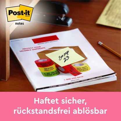 Une note Post-it® 3M jaune (76x76 mm, 100 feuilles, 12 blocs/paquet) avec "Voir page 23" est solidement fixée sur un document; idéale pour des notes rapides et se détache sans laisser de résidu. Emballage en carton, certifié 100% PEFC.