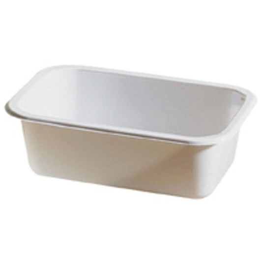 Der CPET Take-Away klein Weiß CPET der Duni GmbH ist ein kleiner, rechteckiger weißer Kunststoffbehälter mit abgerundeten Ecken, der leer auf weißem Hintergrund abgebildet ist. Er hat ein einfaches Design und ist für die Mikrowelle geeignet.