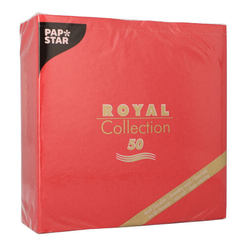 Un paquet rouge PAPSTAR 50 serviettes "ROYAL Collection" 1/4 pli 40x40 cm rouge de PAPSTAR GmbH, avec des informations de marque et de collection en or et blanc sur le devant.