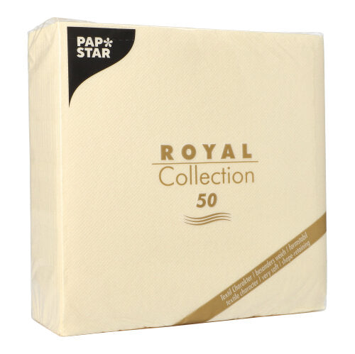 Eine champagnerfarbene Packung PAPSTAR 50 Servietten "ROYAL Collection" 1/4-Falz 40 x 40 cm der PAPSTAR GmbH im schlichten Verpackungsdesign mit goldener und schwarzer Schrift.