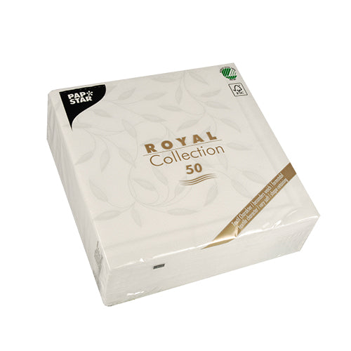 Een verzegelde verpakking met 50 witte PAPSTAR "ROYAL Collection" servetten (40 x 40 cm, 1/4-vouw) van PAPSTAR GmbH. De overwegend witte verpakking is voorzien van gouden en zwarte tekst en een groen certificeringslogo in de rechterbovenhoek.