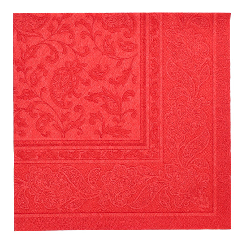 Une serviette en papier rouge de la PAPSTAR GmbH, "ROYAL Collection" (40 x 40 cm, 1/4 pli), avec un motif floral embossé et une bordure décorative - l'une des 50 serviettes de haute qualité pour une table élégamment dressée.