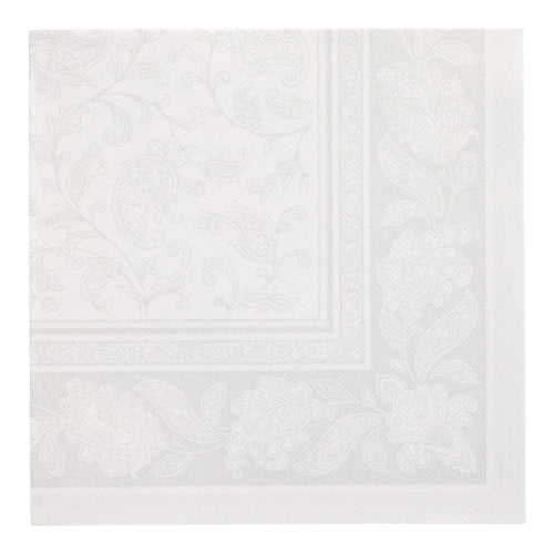 PAPSTAR 50 servetten "ROYAL Collection" 1/4-vouw, 40 x 40 cm, witte papieren servetten van PAPSTAR GmbH met een geperst bloemen- en paisleypatroon aan de rand en in het midden voor een delicate, gestructureerde uitstraling.