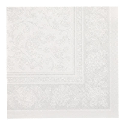 PAPSTAR 50 servetten "ROYAL Collection" 1/4-vouw, 40 x 40 cm, witte papieren servetten van PAPSTAR GmbH met een geperst bloemen- en paisleypatroon aan de rand en in het midden voor een delicate, gestructureerde uitstraling.